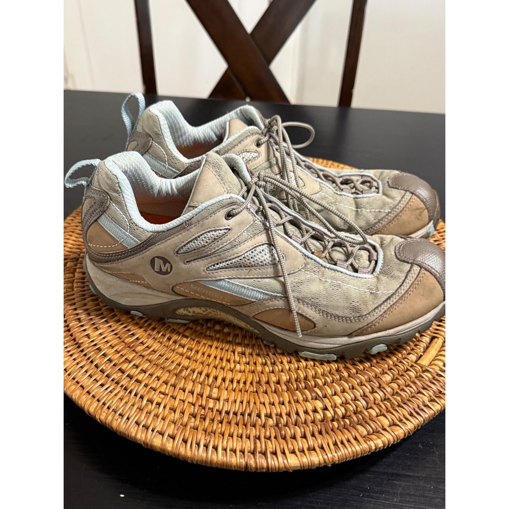 Merrell Continuum Women Tan Blue Leather Mesh Vibram Hiking Shoes Low Top